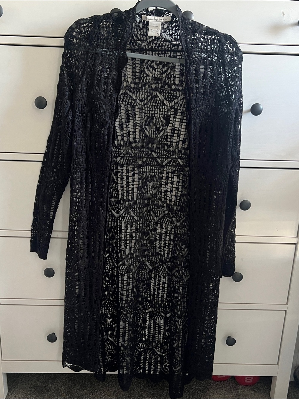 American Rag Black Crochet Longline Open Cardigan Dress